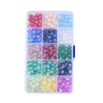 Transparent Crackle Glass Bead Strands, Round, Mixed Color, 8x7.5mm, Hole: 1.2mm, 15 Colors, 22~23Pcs/color, about 330~345Pcs/box