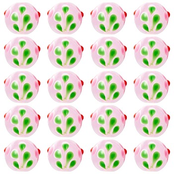 20Pcs Handmade Lampwork Bumpy Beads, Round with Flower Pattern, Pearl Pink, 12~12.5x11~11.5mm, Hole: 1.4mm