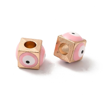 Alloy Enamel European Beads, Large Hole Beads, Light Gold, Cube with Evil Eye, Pink, 8x10.5x10.5mm, Hole: 4.3mm