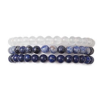 3Pcs 3 Style Natural Mixed Stone Round Beaded Stretch Bracelets, Stackable Bracelets, Inner Diameter: 2-3/8 inch(6cm), 1Pc/style