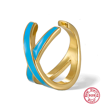 Real 18K Gold Plated 925 Sterling Silver Criss Cross Cuff Earring, with Enamel, Light Blue, 13x13mm