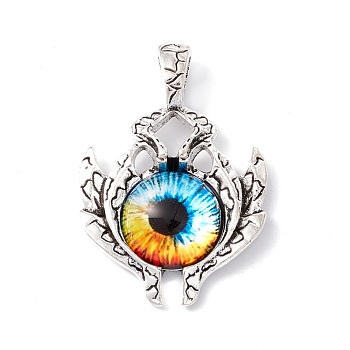 Glass Pendants, with Antique Silver Plated Alloy Findings, Evil Eye, Colorful, 42x29x8.5mm, Hole: 6x4mm