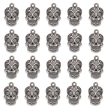 30Pcs Tibetan Style Alloy Pendants, Cadmium Free & Lead Free, Skull, Antique Silver, 21.5x13.5x4mm, Hole: 2mm