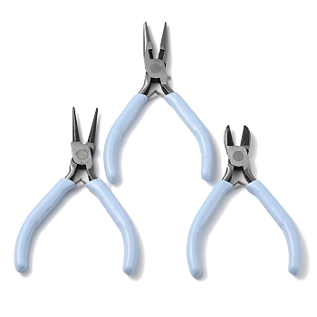 Steel Pliers Set, with Plastic Handles, including Side Cutter Pliers, Round Nose Plier, Needle Nose Wire Cutter Plier, Light Sky Blue, 11~12.3x7.7~8.1x0.9~0.95cm, 3pcs/set