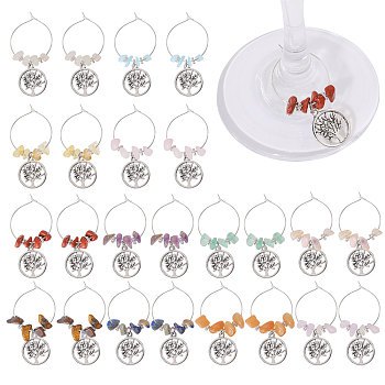 24Pcs Natural Gemstone Wine Glass Charms, Alloy Tree of Life Wine Glass Charms, 50mm