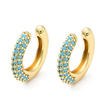 Cubic Zirconia C-Shaped Cuff Earrings, Gold Plated Brass Jewelry for Non-pierced Ears, Cadmium Free & Lead Free, Light Sky Blue, 14x15x3mm