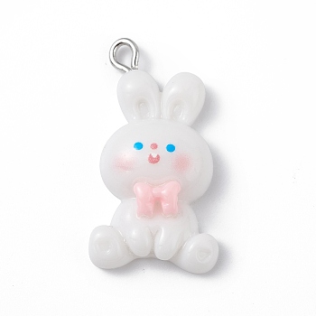 Opaque Resin Pendants, Rabbit Charms, with Platinum Tone Iron Loops, Rabbit, 30.5x16.5x6.5mm, Hole: 2mm