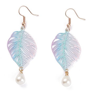 Spray Painted Stainless Steel Dangle Earrings, Etched Metal Embellishments, with Iron Earring Hooks and Plastic Imitation Pearl Charms, Leaf, Golden, Colorful, 70mm, Pin: 0.7mm