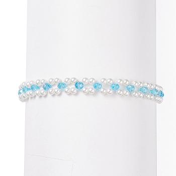Shell Pearl & Glass Flower Beaded Bracelet with Brass Tiny Heart, Braided Jewelry for Women, Light Sky Blue, 7-5/8 inch(19.5cm)