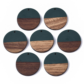Resin & Wood Pendants, Flat Round, Dark Green, 28.5x3.5~4mm, Hole: 1.5mm