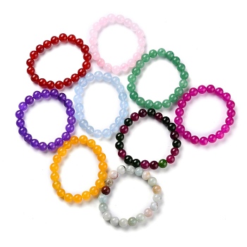 Dyed Natural Jade Beads Stretch Bracelets, Round, Mixed Color, Inner Diameter: 2-1/8 inch(5.4cm), Bead: 10mm