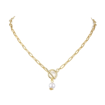 Imitation Pearl Beads Pendant Necklaces, 304 Stainless Steel Paperclip Chain Necklaces, Golden, 19.09 inch(48.5cm)