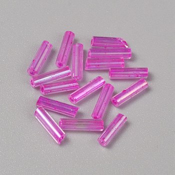 300Pcs Transparent Glass Round Bugle Beads, Round Hole, Magenta, 6~7x2mm, Hole: 0.8~0.9mm