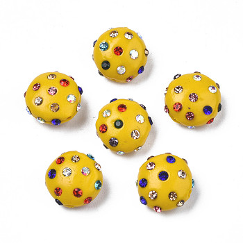 Polymer Clay Rhinestone Beads, Pave Disco Ball Beads, Flat Round, Goldenrod, 11~12x7mm, Hole: 1.4mm, Rhinestone: pp15(2.1~2.2mm)