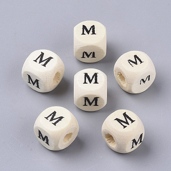 Printed Natural Wood Beads, Horizontal Hole, Cube with Initial Letter, PapayaWhip, Letter.M, 10x10x10mm, Hole: 3.5mm, about 1000pcs/500g