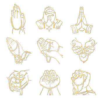 Nickel Decoration Stickers, Metal Resin Filler, Epoxy Resin & UV Resin Craft Filling Material, Golden, Praying Hands, Buddhist, Palm, 40x40mm, 9 style, 1pc/style, 9pcs/set