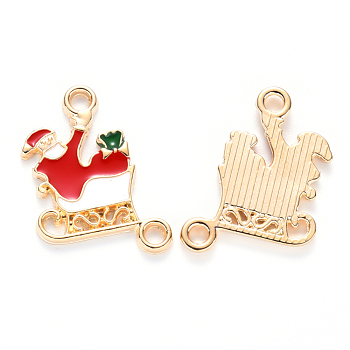 Alloy Enamel Links connectors, for Christmas, Father Christmas with Sledge, Light Gold, Red, 21x14.5x1.5mm, Hole: 1.8mm