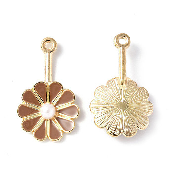 Alloy Enamel Pendants, with ABS Plastic Imitation Pearls, Light Gold, Flower Charm, Camel, 26x15x4.5mm, Hole: 1.5mm