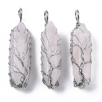 Natural Rose Quartz Big Wire Wrapped Pendants, with Brass Wires, prismatic with Tree of Life, Platinum, 48~62x14~17x13~18mm, Hole: 4x5~6mm