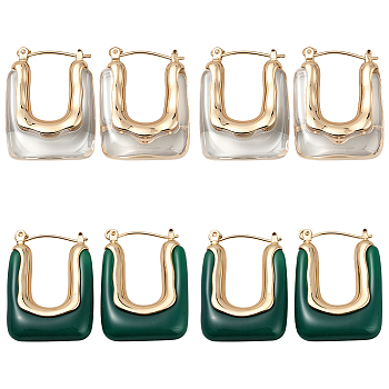 2 Pairs 2 Colors Alloy Resin Hoop Earrings, Light Gold, Rectangle, Mixed Color, 29x21.5x6.5mm, 2pairs/color