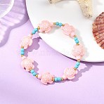 Synthetic Turquoise & Brass Beads Stretch  Bracelets for Women, Turtle, Dyed, Pink, Inner Diameter: 2.20 inch(5.6cm)(BJEW-JB13876-03)