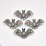 Abalone Shell/Paua Shell Brooches/Pendants, with Alloy Findings and Resin Bottom, Rhinestone, Bat, Antique Silver, Colorful, 37x68.5x13mm, Hole: 5x4mm, Pin: 0.7mm(SHEL-S275-45)