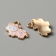 Alloy Enamel Pendants, Light Gold, Cow Charms, Pink, 17x19x2mm, Hole: 2mm(ENAM-WH0001-15KCG-03)