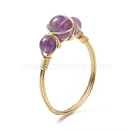 Natural Amethyst Round Braided Beaded Finger Ring, Light Gold Copper Wire Wrap Jewelry for Women, Inner Diameter: 18mm(RJEW-JR00550-04)