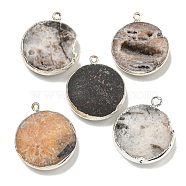 Electroplated Natural Druzy Agate Pendants, Brass Flat Round Charms, Silver Color, Mixed Color, 29~30x24~26x7.5~9mm, Hole: 1.8mm(G-A229-01F)