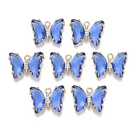 Glass Pendants, with Micro Pave Cubic Zirconia and Brass Open Back Settings, Faceted, Butterfly, Light Gold, Royal Blue, 15.5x20x4mm, Hole: 1.8mm(X-GLAA-T021-24A)
