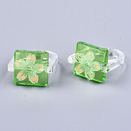 Transparent Resin Cuff Rings, Open Rings, AB Color Plated, Square with Sakura, Lime, US Size 8 1/2(18.5mm)(RJEW-T017-03A)