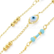 Acrylic Evil Eye Link Chians, with Real 18K Gold Plated Brass & Glass Round Beaded, Soldered, with Spool, Aquamarine, 9.5x6x4mm, 12x3mm, 21.5x3.5mm, about 32.81 Feet(10m)/Roll(CHC-C001-13G)