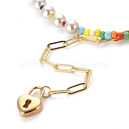Heart Lock 304 Stainless Steel Pendant Necklaces, with Glass Pearl Beads, Glass Seed Beads, Brass Paperclip Chains and Spring Ring Clasps, Golden, Colorful, 18.19 inch(46.2cm)(NJEW-JN03096)