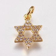 Brass Micro Pave Cubic Zirconia Charms, for Jewish, Star of David, Golden, 13.5x10x2mm, Hole: 3mm(ZIRC-E145-56G)
