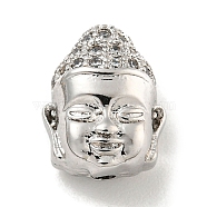 Brass Micro Pave Clear Cubic Zirconia Beads, Buddha Head, Platinum, 11x8.5x6mm, Hole: 1.2mm(KK-G493-27P-01)