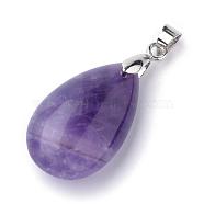 Natural Amethyst Pendants, with Alloy Findings, teardrop, Platinum, 23~24x14x8mm, Hole: 4x5mm(G-S243-20)