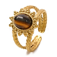 Oval Natural Tiger Eye Finger Rings, Golden Tone 304 Stainless Steel Open Cuff Rings for Women, 15mm, Inner Diameter: Adjustable(RJEW-Q822-23G-02)