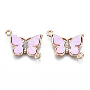 Eco-Friendly Alloy Micro Pave Clear Cubic Zirconia Links Connectors, with Acrylic Cadmium Free & Lead Free & Nickel Free, Butterfly, Light Gold, Pearl Pink, 18x22x3mm, Hole: 1.8mm(X-ENAM-Q437-058C-NR)