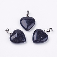 Synthetic Blue Goldstone Pendants, Heart, with Brass Findings, Platinum, 22~23x20~20.5x6~7.5mm, Hole: 5x8mm(G-G956-B11-FF)