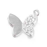 Brass Micro Pave Clear Cubic Zirconia Pendants, Long-Lasting Plated, Butterfly, Platinum, 15.8x13.5x3mm, Hole: 1mm(ZIRC-L097-013P)