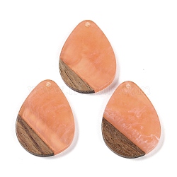 Resin & Wood Pendants, Teardrop Charms, Light Salmon, 35.5x26.5x3mm, Hole: 2mm(WOOD-F015-07A)