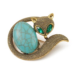 Alloy Rhinestone Brooch Pins, Synthetic Turquoise Fox Badge for Clothes Backpack, Turquoise, 46.5x45.5x18mm(JEWB-Q030-33AG)