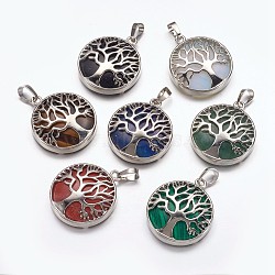 Natural & Synthetic Mixed Stone Pendants, with Brass Finding, Flat Round with Tree of Life, Platinum, 31x27x6mm, Hole: 5x8mm(G-E449-C)