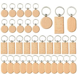 30Pcs 3 Style Rectangle/Flat Round Wooden Blank Engravable Tags Keychain, with Iron Rings, Moccasin, 40~53x40~32x7mm, 10pcs/style(KEYC-YW0001-08)