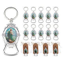 16Bags Zinc Alloy Bottle Opener Keychains, Oval with St. Jude, with Bag and Paper Card & Split Key Ring, with 1Bundle Jute Cord, Platinum, 105mm(KEYC-DC0001-44)
