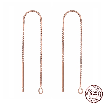 Sterling Silver Stud Earring Findings, Ear Threads, Box Chains, Rose Gold, 68~70x0.65mm, Hole: 1~2mm