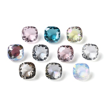 Transparent Glass Rhinestone Cabochons, Faceted, Pointed Back, Square, Mixed Color, 10x10x6.5mm