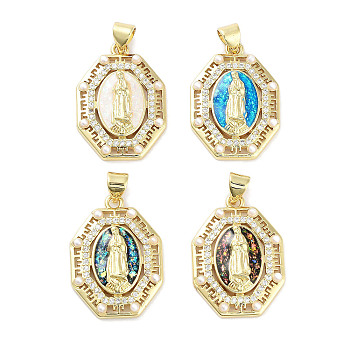 Brass Micro Pave Clear Cubic Zirconia Pendants, with Synthetic Opal and ABS Plastic Pearl, Real 18K Gold Plated, Octagon with Holy Virgin Charms, Mixed Color, 24x17.5x4mm, Hole: 4.5x3mm