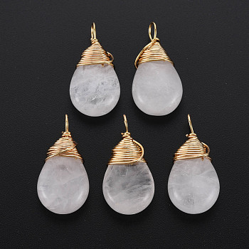 Natural Quartz Crystal Pendants, Rock Crystal Pendants, with Golden Brass Findings, Teardrop, 24~26x13x8mm, Hole: 4~5x2~3mm