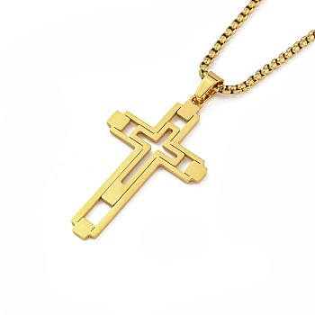 Vacuum Plating 201 Stainless Steel Pendant Necklaces for Man, Cross, Real 18K Gold Plated, 23.62 inch(60cm), Cross: 46.5x27x1.3mm